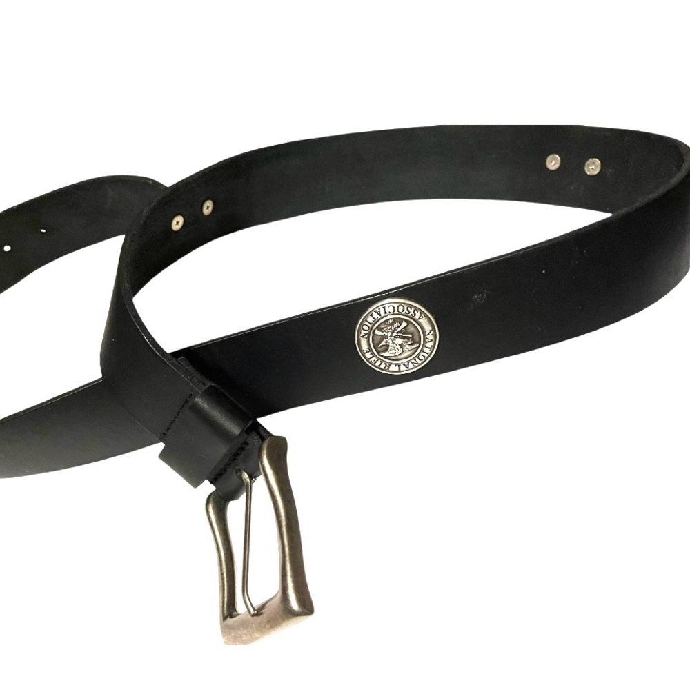 Men’s black leather belt National Rifle Association silver hardware waist 36-40